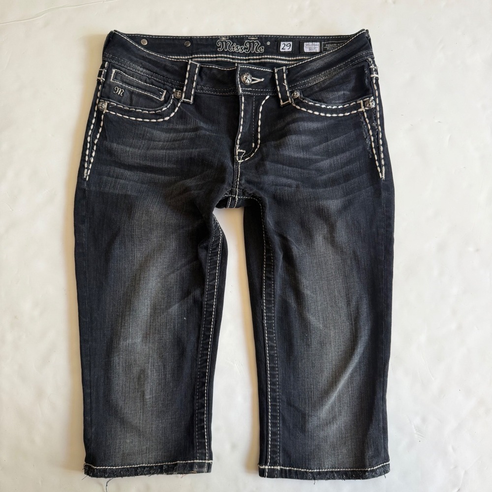 Miss Me Bermuda Short Rhinestone Wing Cross Jorts Y2K Mcbling Emo Alt Skater 29